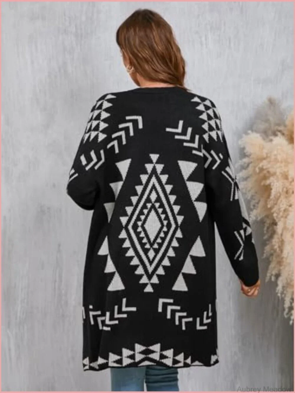 Womens Oversized Long Cardigan Open Front Fall Trendy Geometric Jacquard Knit - Picture 3 of 7